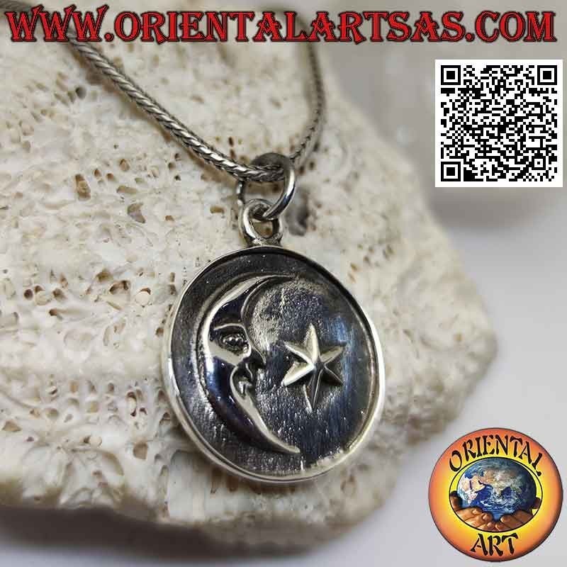 Pendentif en argent, médaille avec lune et étoile en relief