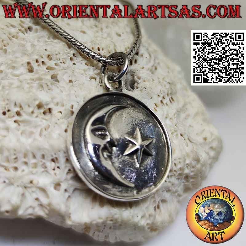 Pendentif en argent, médaille avec lune et étoile en relief