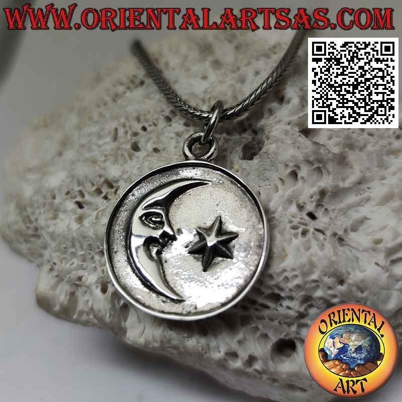 Pendentif en argent, médaille avec lune et étoile en relief