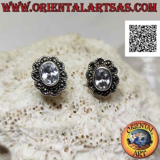 Silver lobe earrings with oval zircon in a marcasite cloud frame