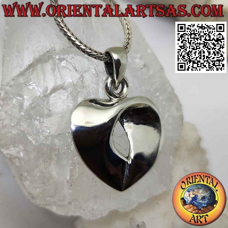 Silver pendant, wide smooth band folded to form a heart