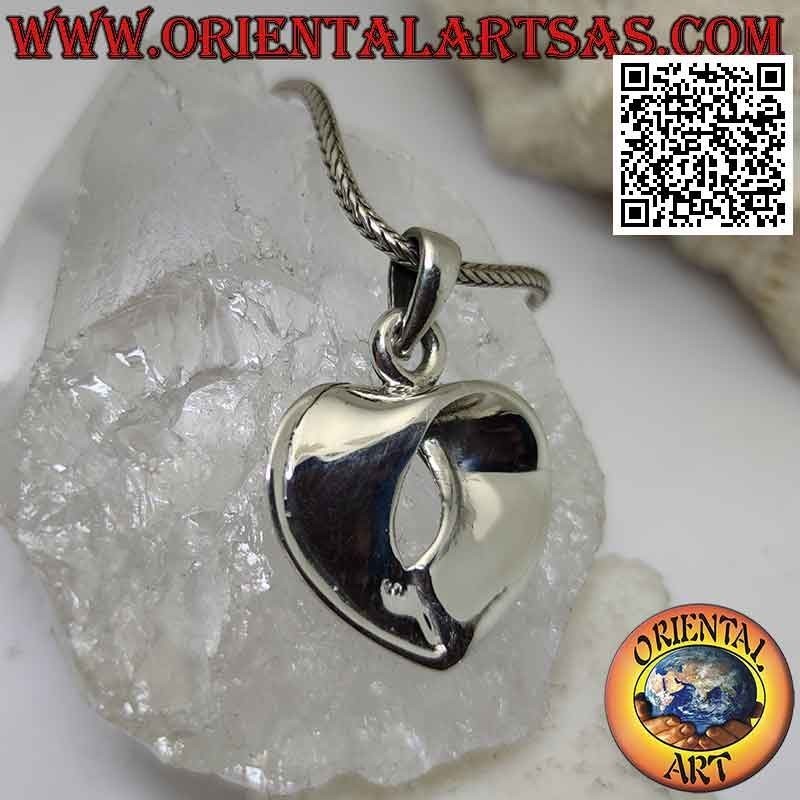 Silver pendant, wide smooth band folded to form a heart