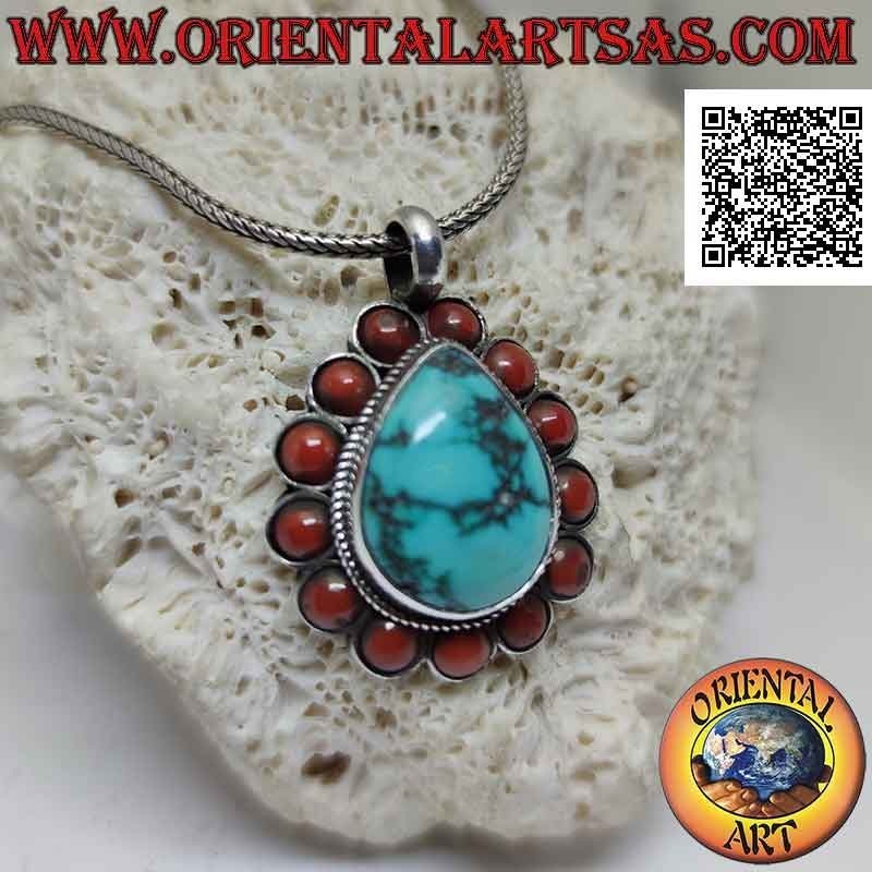 Colgante de plata con turquesa tibetana natural en forma de gota rodeada de tejidos y corales antiguos redondos (b)