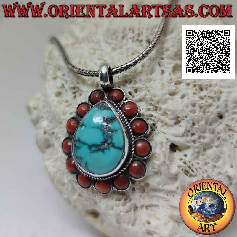 Ciondolo in argento con turchese tibetano naturale a goccia contornato da intreccio e coralli antichi tondi (b)