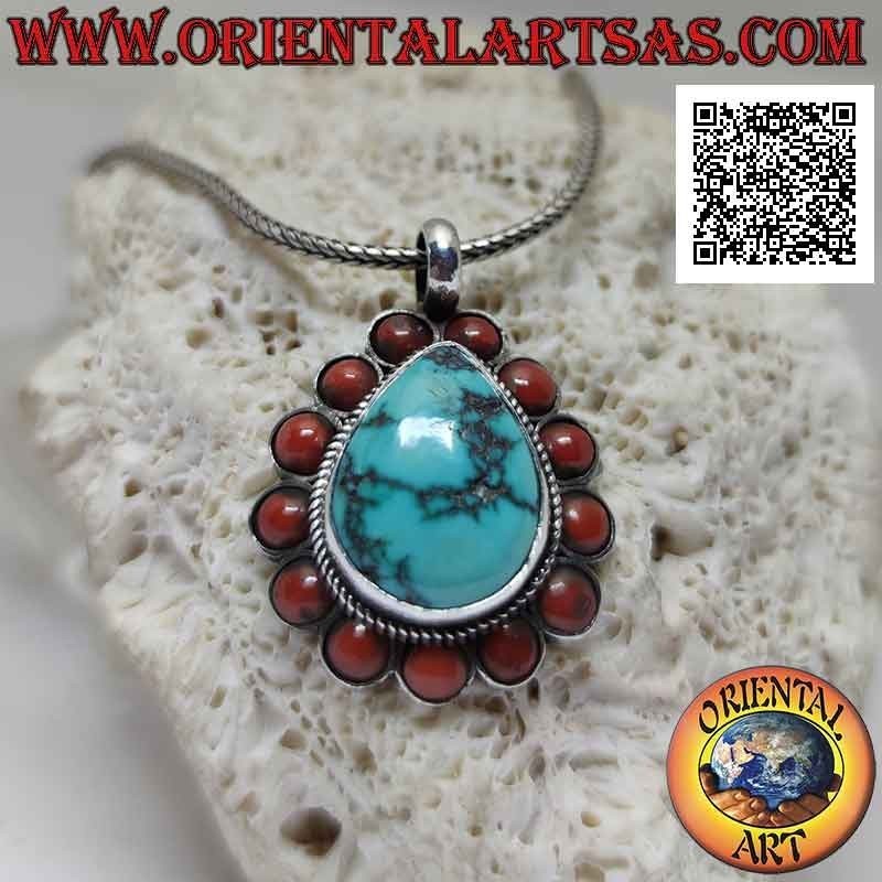 Ciondolo in argento con turchese tibetano naturale a goccia contornato da intreccio e coralli antichi tondi (b)