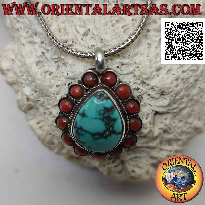 Colgante de plata con turquesa tibetana natural en forma de gota rodeada de tejidos y corales antiguos redondos (b)