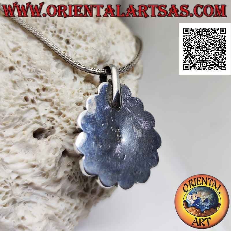 Ciondolo in argento con turchese tibetano naturale a goccia contornato da intreccio e coralli antichi tondi (b)