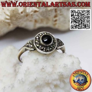 Silver ring with round onyx surrounded by marcasite