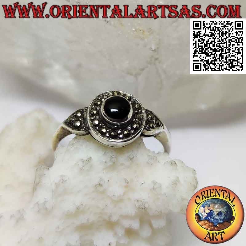 Silver ring with round onyx surrounded by marcasite