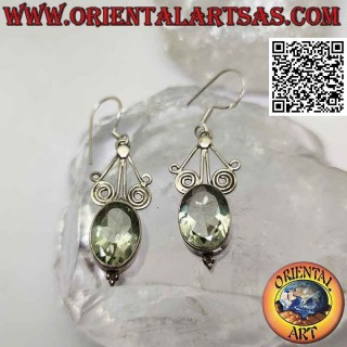 Boucles d'oreilles en argent avec aigue-marine verte ovale facettée sous fils spiralés