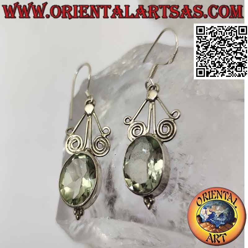 Boucles d'oreilles en argent avec aigue-marine verte ovale facettée sous fils spiralés