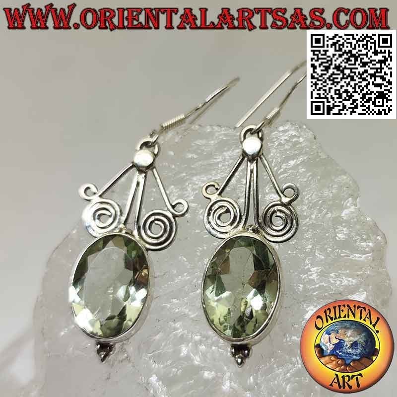 Boucles d'oreilles en argent avec aigue-marine verte ovale facettée sous fils spiralés