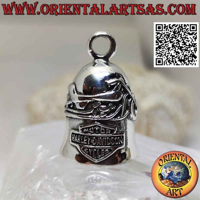 Silver bell pendant with motorcycle and Harley Davidson emblem