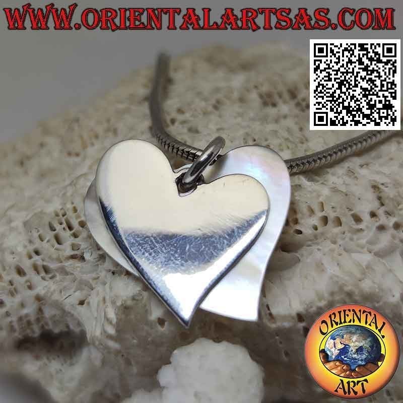 Silver pendant, smooth flat heart superimposed on a mother-of-pearl one