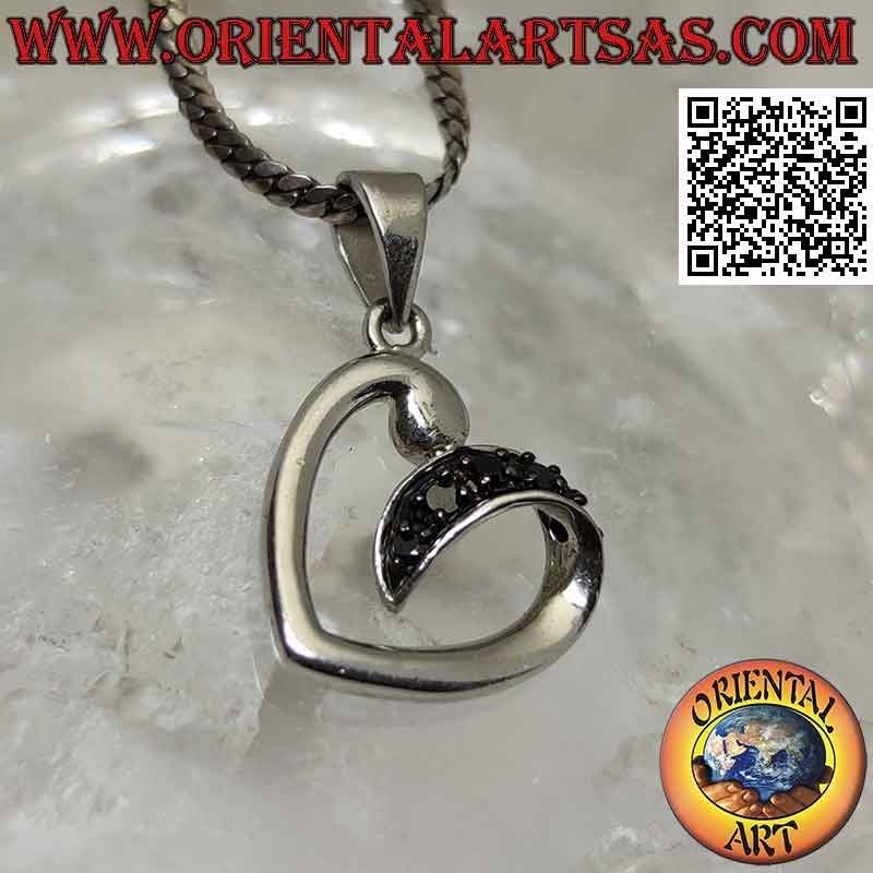 Silver pendant, heart outline with arch studded with black zircons