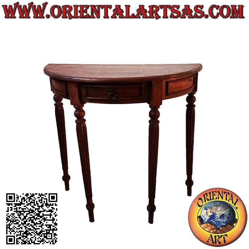 Half-moon console table with striped round feet in teak wood