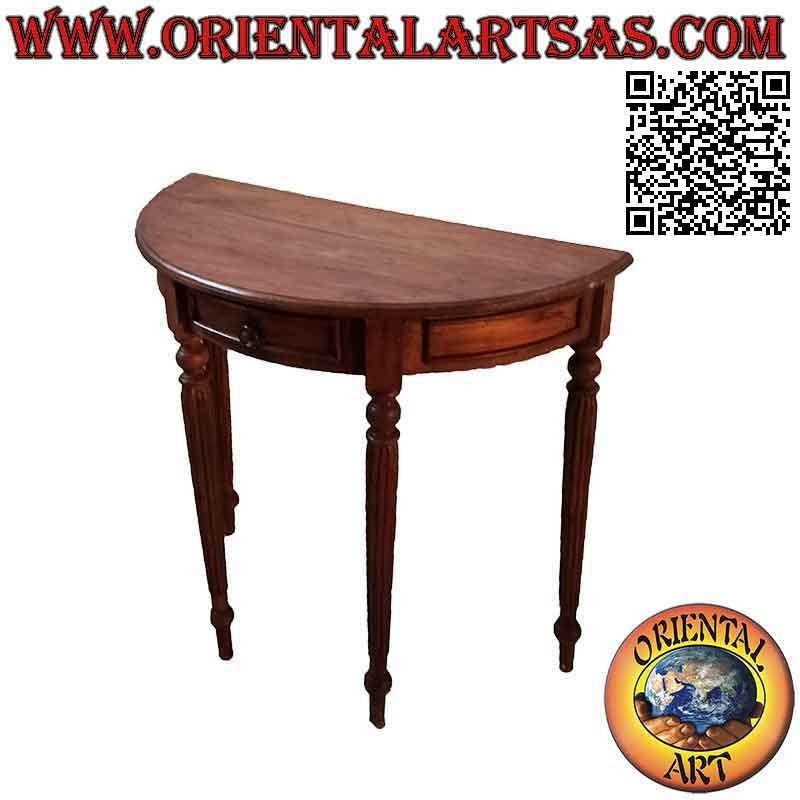 Table console demi-lune à pieds ronds rayés en bois de teck