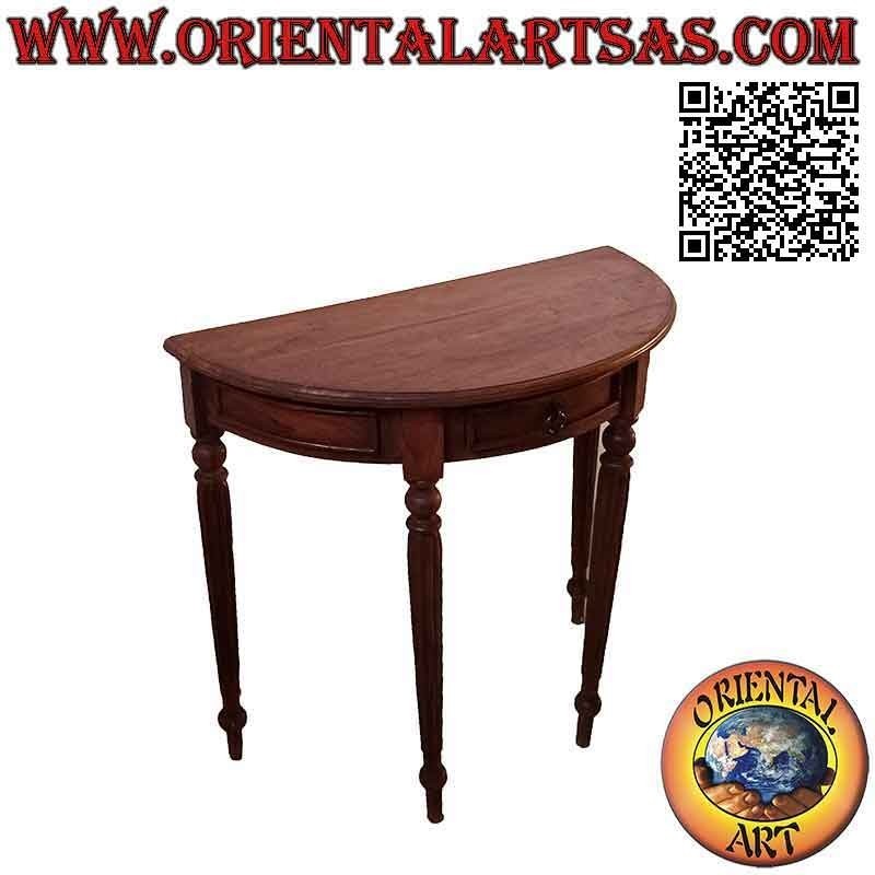 Table console demi-lune à pieds ronds rayés en bois de teck