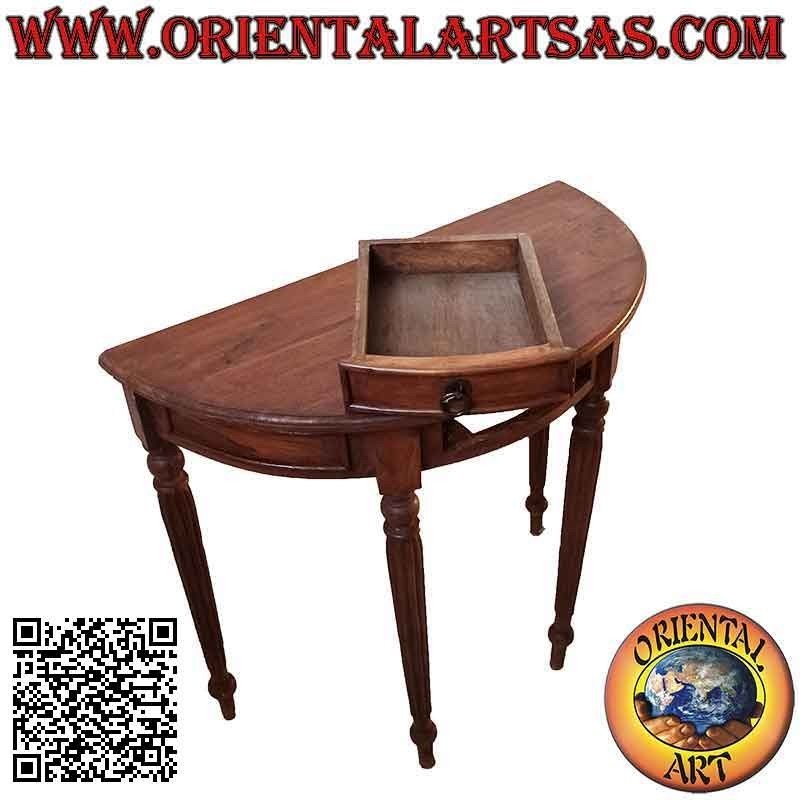Half-moon console table with striped round feet in teak wood