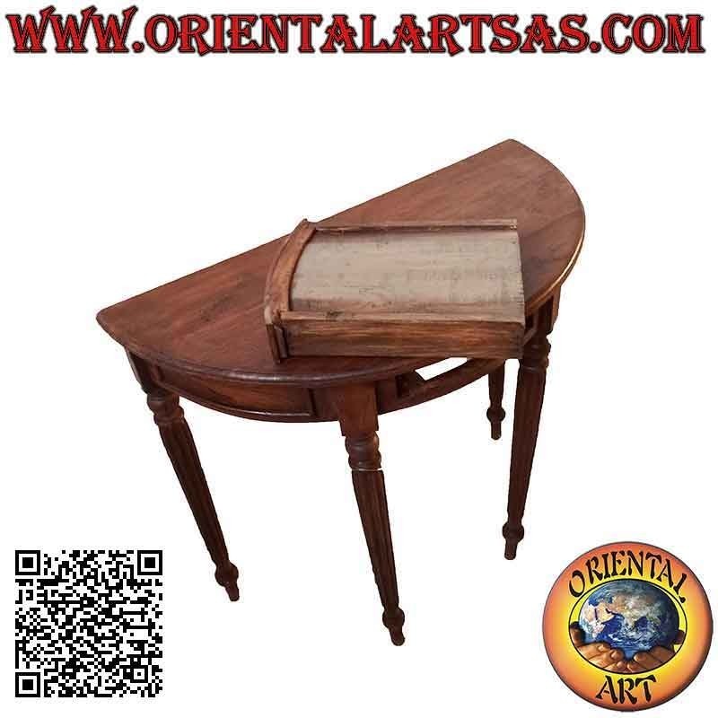 Table console demi-lune à pieds ronds rayés en bois de teck