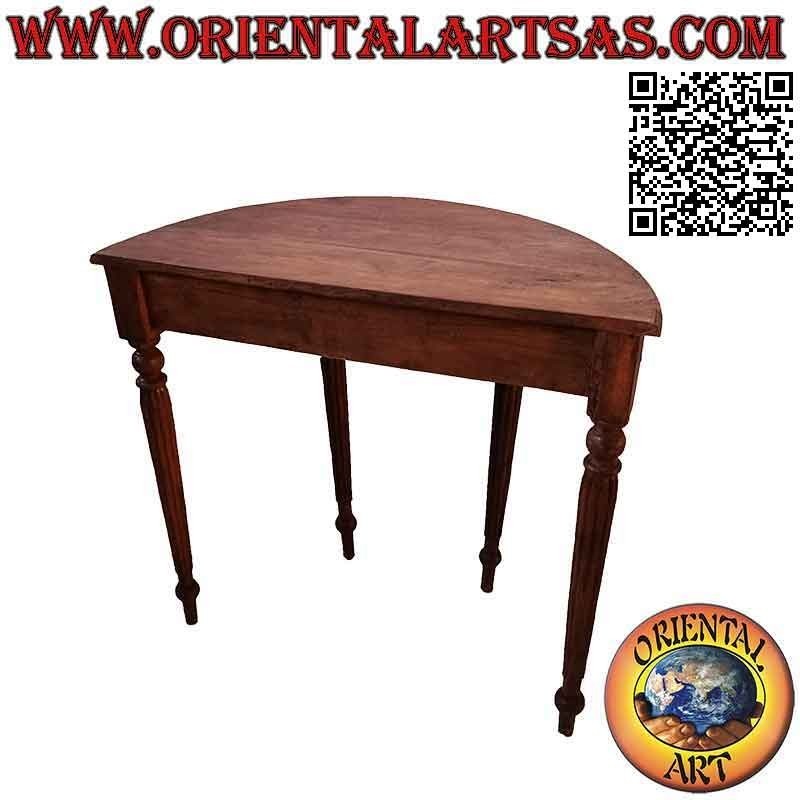 Table console demi-lune à pieds ronds rayés en bois de teck