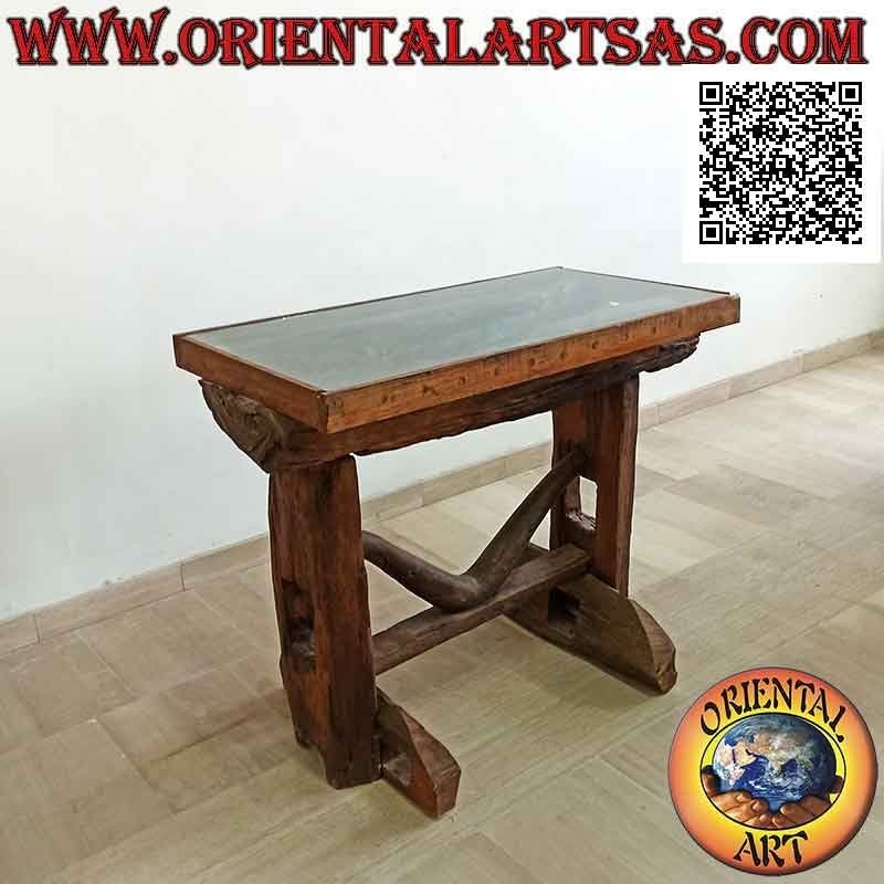 Table with glass top in the trunk in antique teak wood recycled from agricultural vehicles (85h x 100x55)