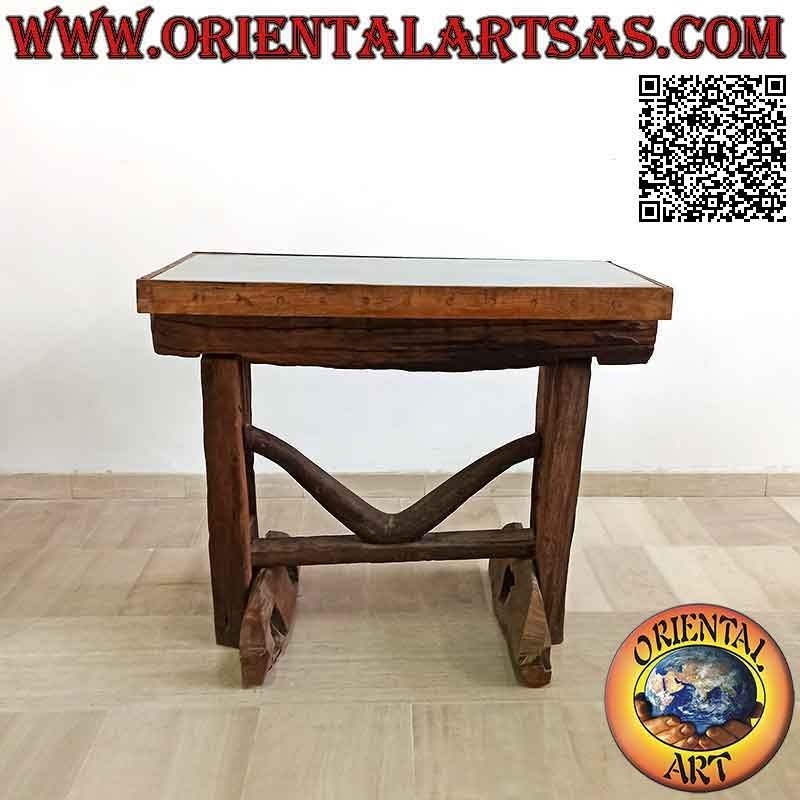 Mesa con tapa de cristal en el baúl de madera de teca antigua reciclada de vehículos agrícolas (85 x 100 x 55)