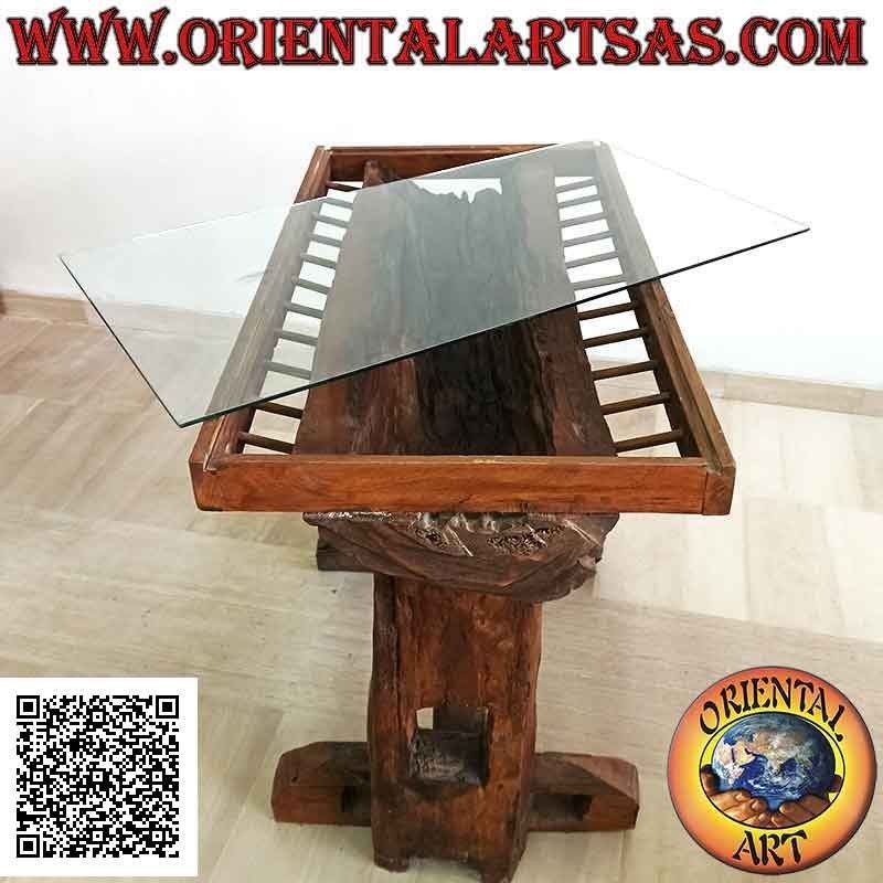 Mesa con tapa de cristal en el baúl de madera de teca antigua reciclada de vehículos agrícolas (85 x 100 x 55)