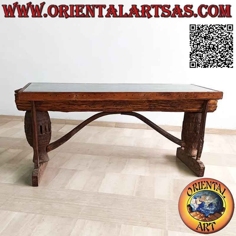 Table avec plateau en verre dans le coffre en bois de teck ancien recyclé de véhicules agricoles (90h x 180x65)
