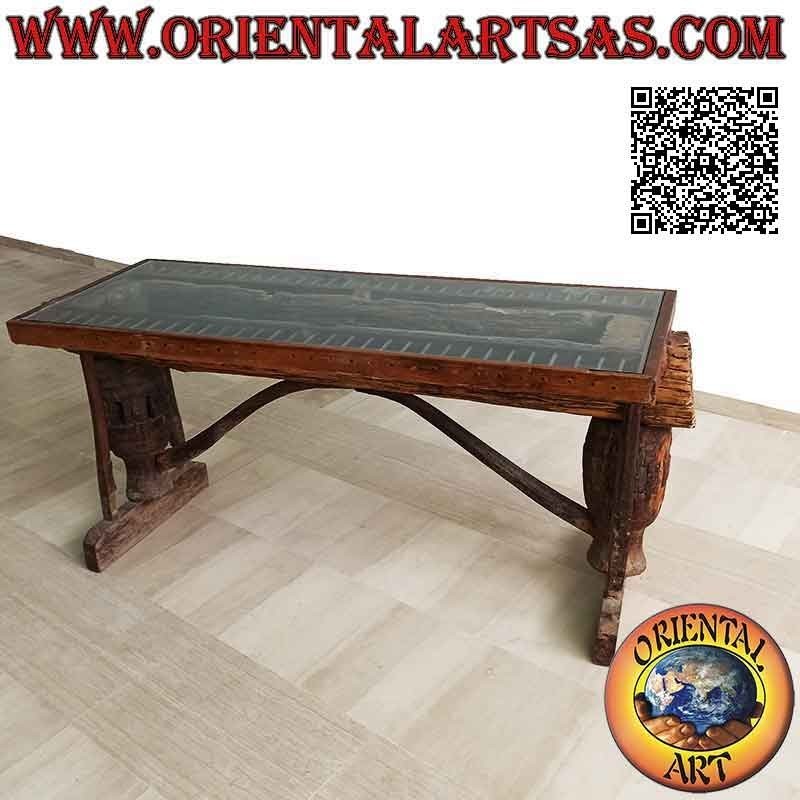 Mesa con tapa de cristal en el maletero en madera de teca antigua reciclada de vehículos agrícolas (90 x 180 x 65)
