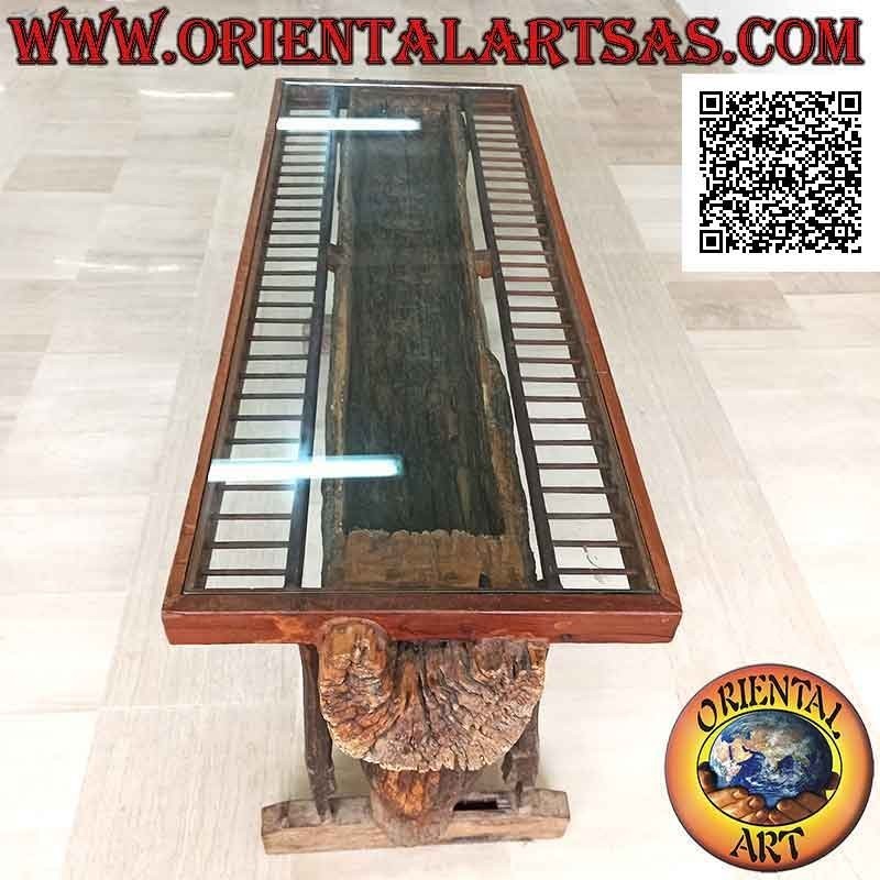 Mesa con tapa de cristal en el maletero en madera de teca antigua reciclada de vehículos agrícolas (90 x 180 x 65)