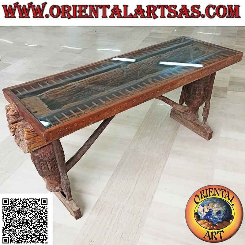 Table avec plateau en verre dans le coffre en bois de teck ancien recyclé de véhicules agricoles (90h x 180x65)