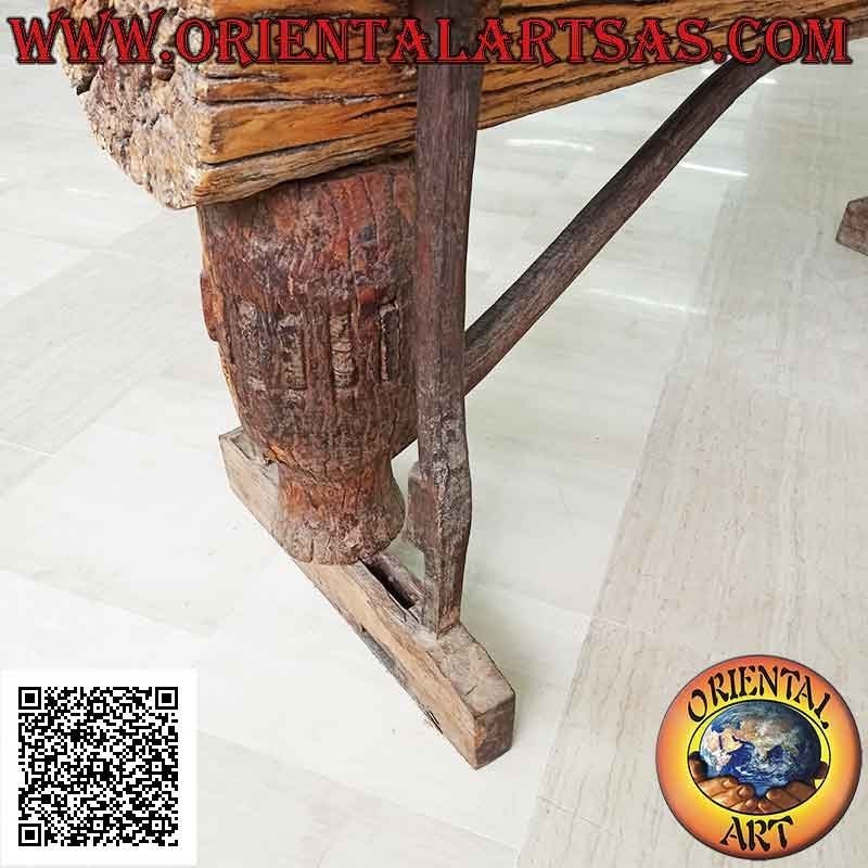 Mesa con tapa de cristal en el maletero en madera de teca antigua reciclada de vehículos agrícolas (90 x 180 x 65)