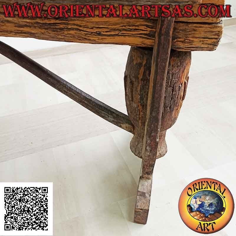 Table with glass top in the trunk in antique teak wood recycled from agricultural vehicles (90h x 180x65)