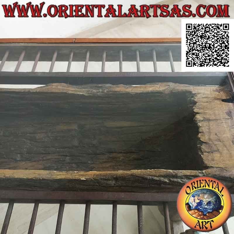 Mesa con tapa de cristal en el maletero en madera de teca antigua reciclada de vehículos agrícolas (90 x 180 x 65)
