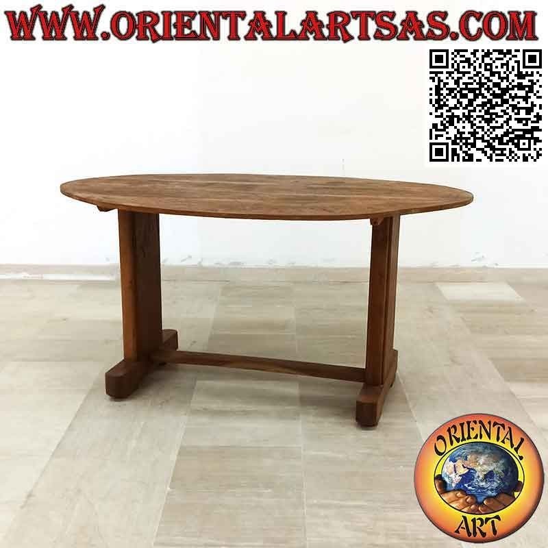 Tavolo ovale a due piedi congiunti in legno antico di teak (95 x 150 cm)