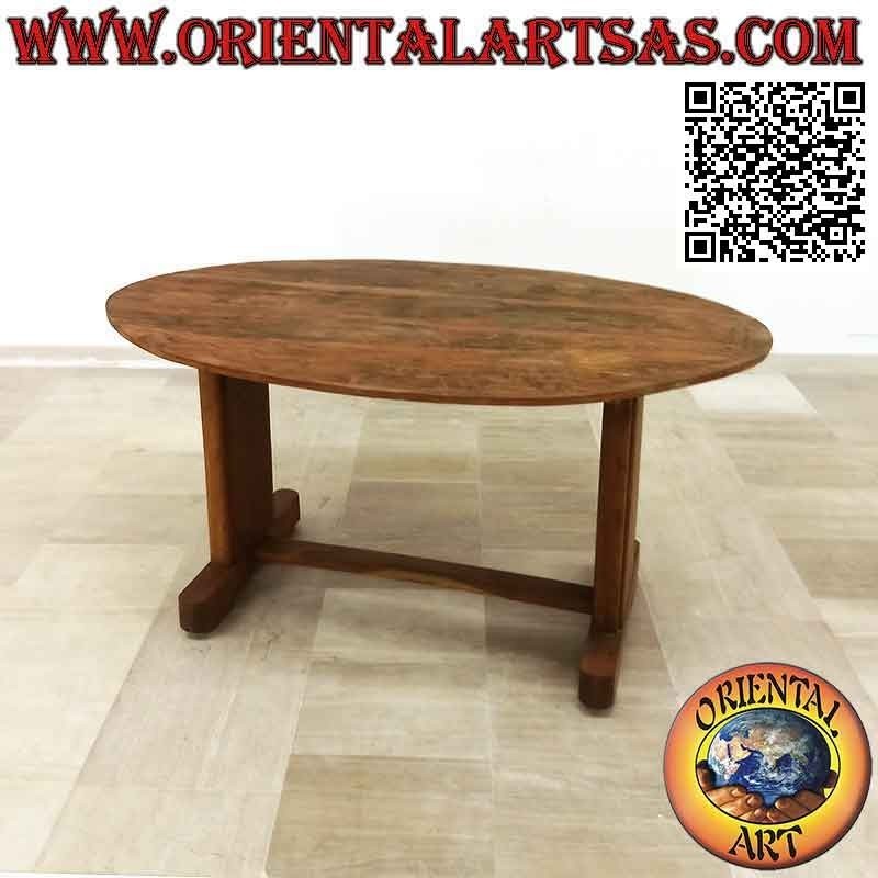 Round table with two joined feet in antique teak wood (95 x 150 cm)
