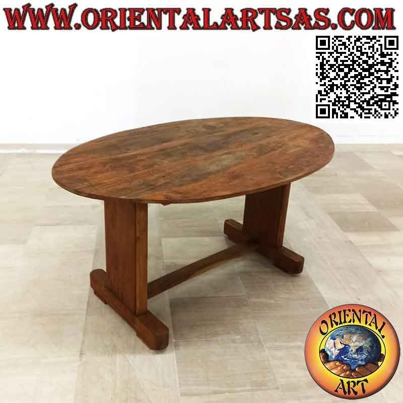 Mesa redonda con dos pies unidos en madera de teca antigua (95 x 150 cm)