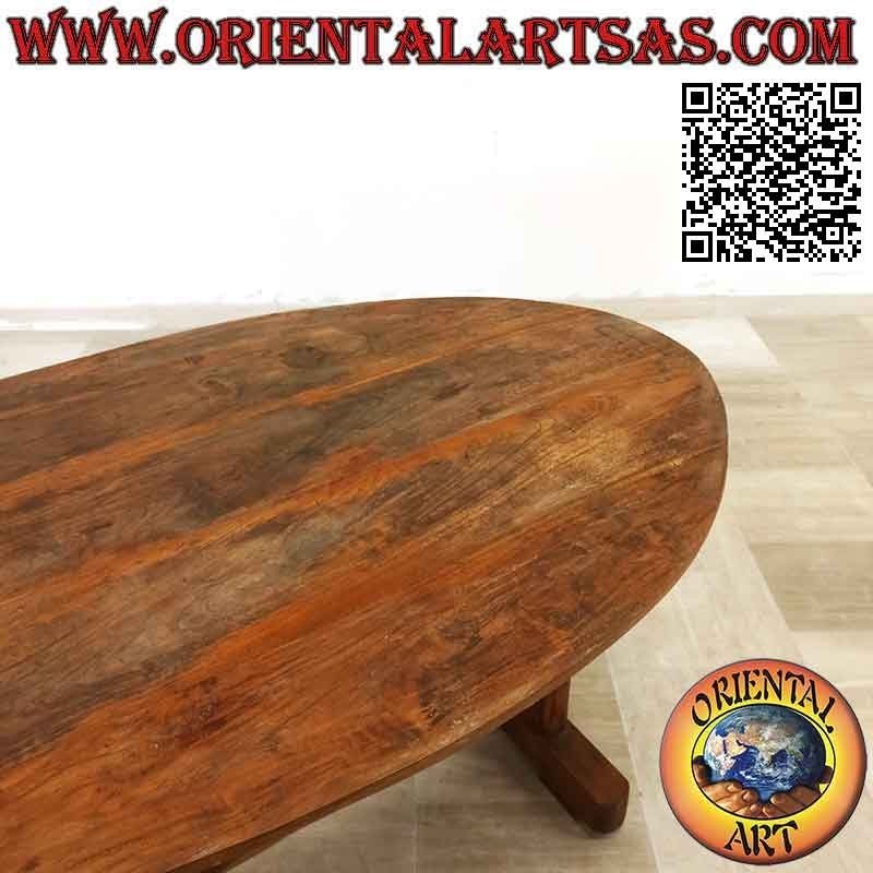 Mesa redonda con dos pies unidos en madera de teca antigua (95 x 150 cm)