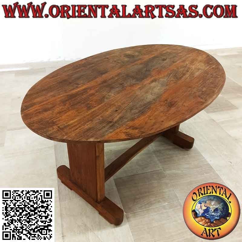 Tavolo ovale a due piedi congiunti in legno antico di teak (95 x 150 cm)
