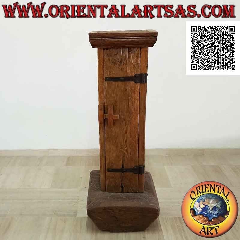 Primitive cabinet with secret compartment in antique teak wood recycled from a mortar and a canoe
