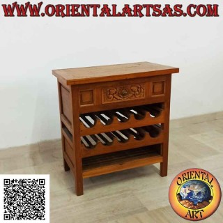 Cabinet with double compartment bottle holder drawer with floral decoration carved in teak wood