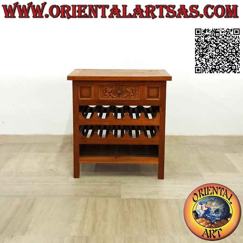 Armario con doble portabotellas y cajón (decoración floral tallada) en madera de teca