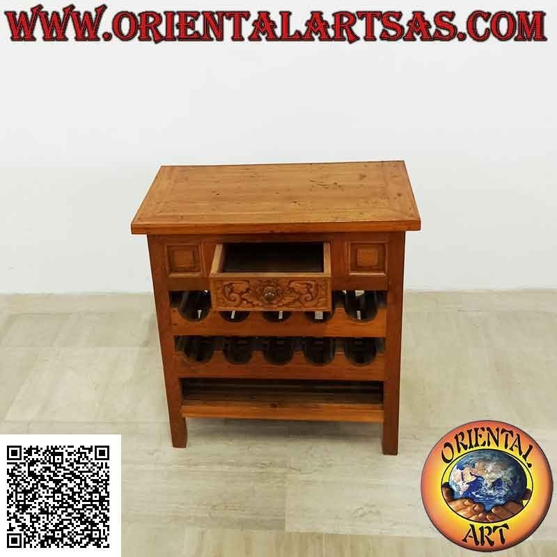 Armario con doble portabotellas y cajón (decoración floral tallada) en madera de teca