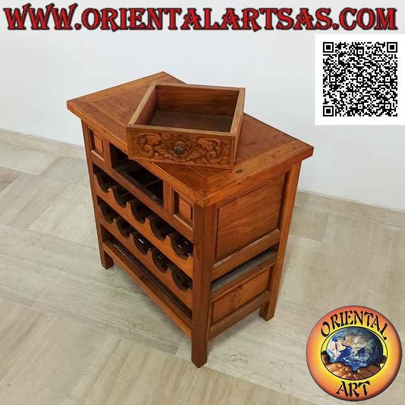 Schrank mit Doppelfach-Flaschenhalter-Schublade mit Blumendekor aus Teakholz geschnitzt