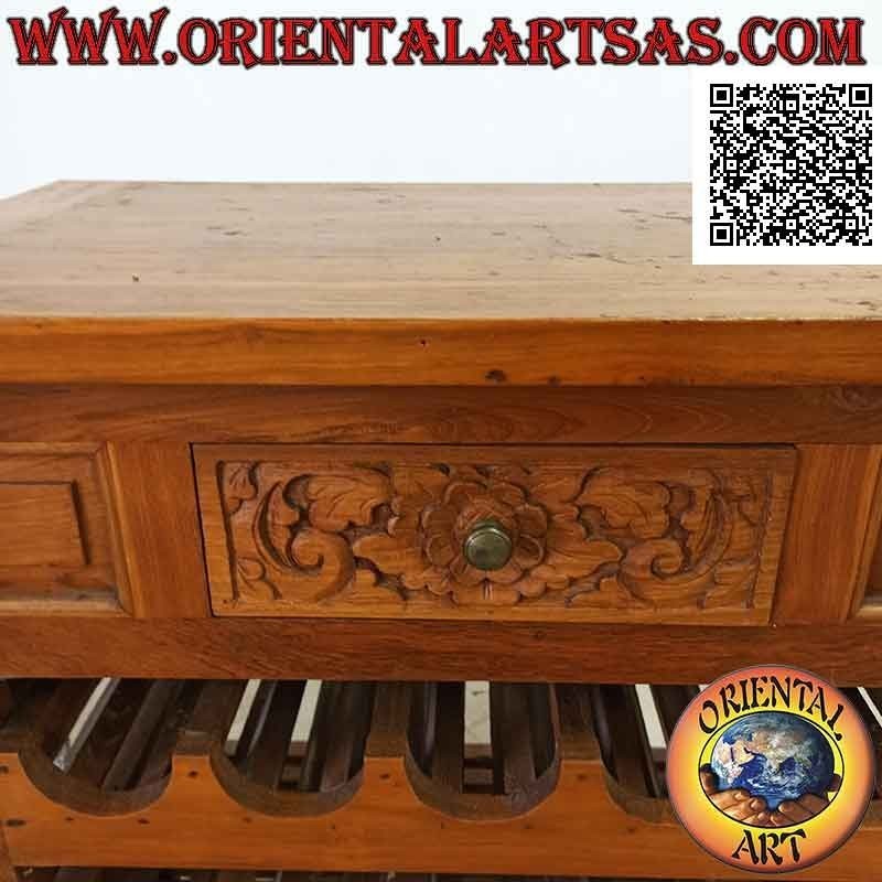 Schrank mit Doppelfach-Flaschenhalter-Schublade mit Blumendekor aus Teakholz geschnitzt