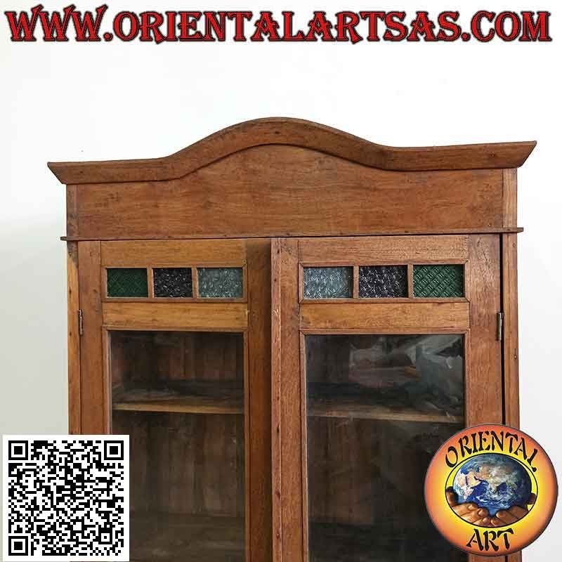 Antike Vitrine mit zwei Türen mit farbigem Glas aus Teakholz
