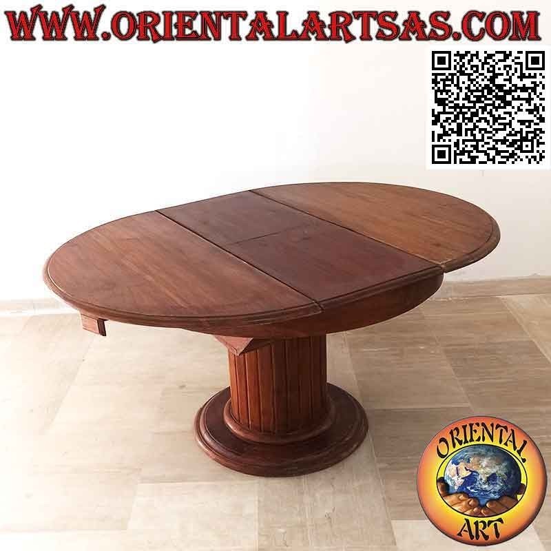 Table ronde extensible sur un seul pied avec lattes en bois de teck (110 cm Ø)