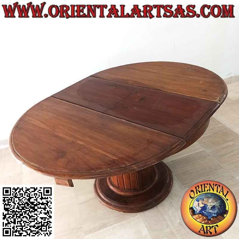 Tavolo tondo allungabile su piede unico a doghe in legno di teak (110 cm Ø)