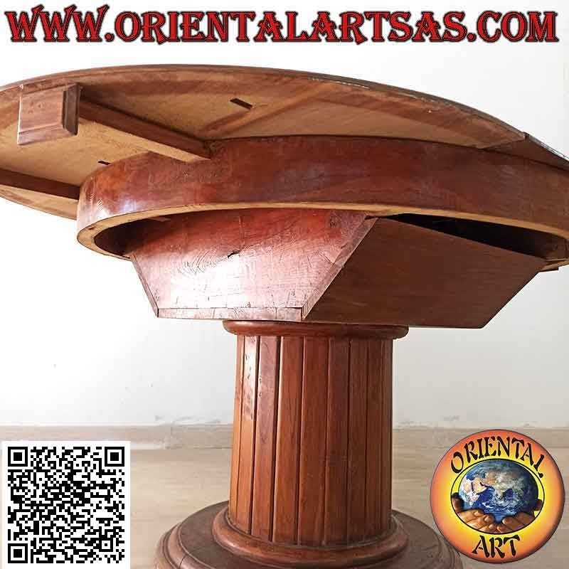 Round extendable table on a single foot with teak wood slats (110 cm Ø)